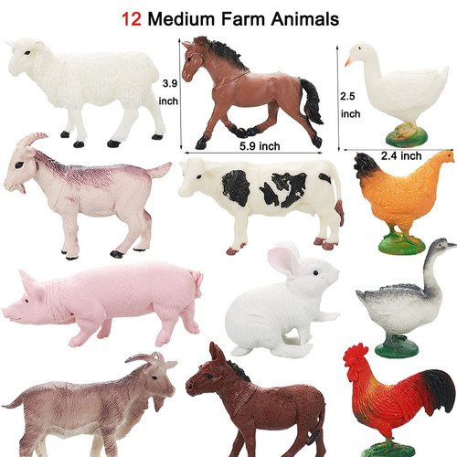 Realistic Farm Animal Figures Toys, 44 Pcs Plastic Farm Figurines Playset Includes Fences Mini Farm Animal Cake Topper Learning Toy Set for Kids & Toddlers