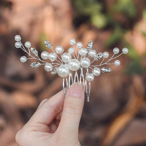 Unicra Bride Pearl Wedding Hair Comb Silver Bridal Side Comb Crystal Hair Accessorie for Women and Girls (Silver)