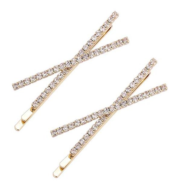 OBTANIM 2 Pcs X Shaped Crystal Hair Pins Cute Metal Shiny Hair Clip Rhinestone Bobby Pin Sparkly Barrette for Women Girls Styling Accessories (Gold)