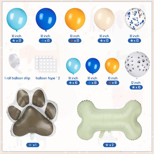 103 Pieces Blue Theme Party Balloons Garland Kit Blue Orange Blush Dog Paw Balloon Arch with Bone Shaped Foil Balloons for Birthday Baby Shower Party Decorations (Cute Color)