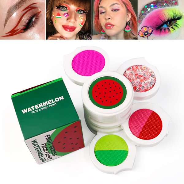 ecofavor Water Activated Eyeliner Palette with Pressed Chunky Neon Glitter, Water Activated Face Body Paint UV Glow in the Dark Black light, Water Based Graphic Hydra Eyeliners with Cute Fruit Design