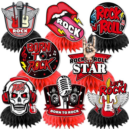 8 Pcs Rock And Roll Party Decorations, Rock And Roll Decor 3D Double Side Honeycomb Centerpieces,...