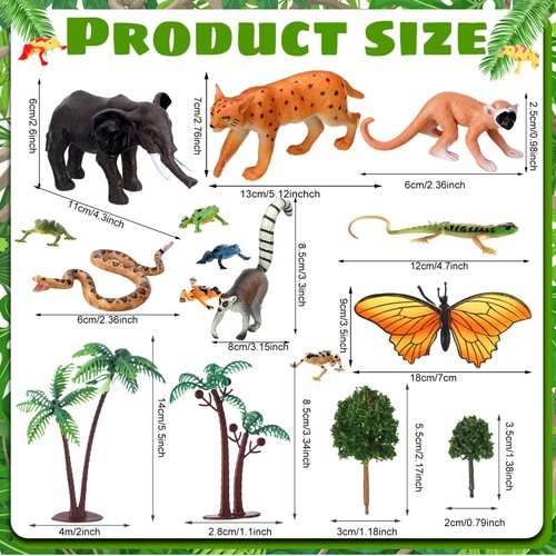 MiniInflat 25 Pcs Rainforest Diorama Animals Figures Toys Set Assorted Creatures Rainforest Diorama Supplies Animals Model Trees for Birthday Party Favors, Piñata Fillers