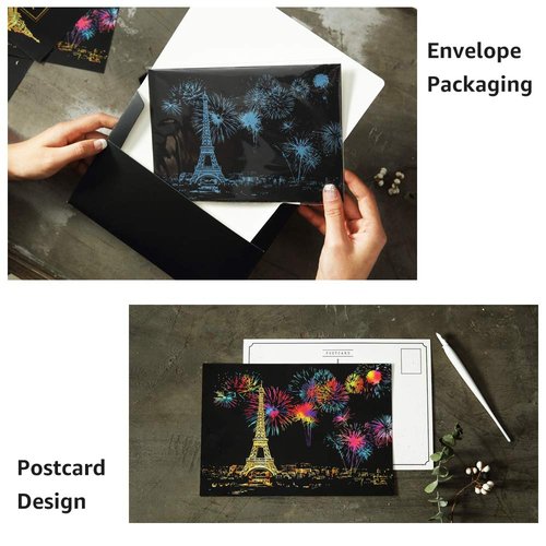 Magic Scratch Art Paper(7.9"x5.5"), Rainbow Landscape Engraving Art Mini Scratchboard Pads for Adults and Kids, Art & Crafts Set: 12 Sheets Scratch Postcard Cards & Drawing Pens, Brush (City Living)