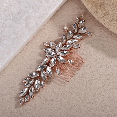 Teyglen Rose Gold Crystal Bridal Hair Comb Full Rhinestone Hair Piece Bride Wedding Hair Comb Sparkly Rhinestone Headpiece Party Prom Hair Accessories for Women (Rose gold)