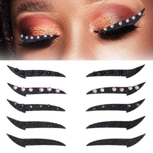 Uranian Eyeliner Stickers Glitter Eyeliner Sticker with Rhinestones Instant Adhesive Eye Line Strip Reusable Eyeshadow Stickers Colorful Eyelid Tape Party Eye Makeup Tool for Women (Black)
