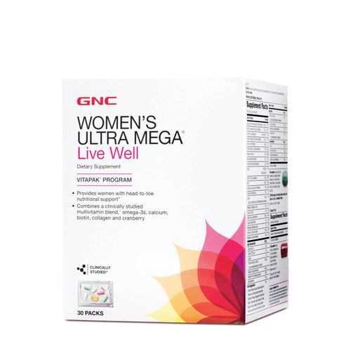 GNC Women's Ultra Mega Live Well Vitapak Program | Full Body Supplement Support | 3-Step Multivitamin System for Optimal Health | Contains Omega-3, Calcium, Biotin, Collagen & Cranberry | 30 Packs