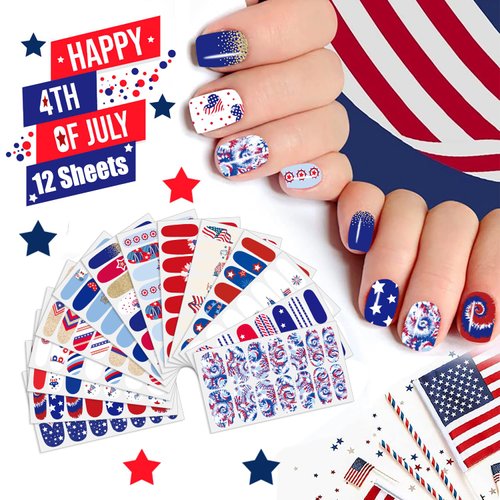 JERCLITY 14 Sheets Independence Day Nail Polish Strips 4th of July Nail Wraps for Women Patriotic American Flag Nail Strips Self-Adhesive Nail Stickers with Nail File for Memorial Day（4th of July-1）