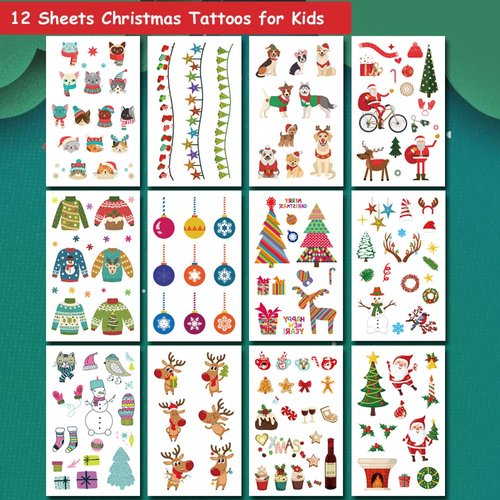 Hohamn Christmas Temporary Tattoos for Kids, 12 Sheets Christmas Fake Tattoos for Boys Girls Xmas Party Supplies Favors Gifts