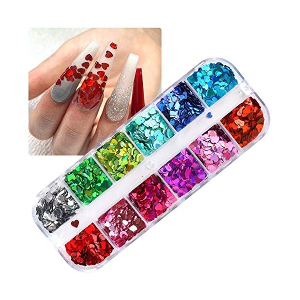 Heart Nail Art Glitter Sequins Heart Valentines Nail Art Sticker Decals Laser Love Heart Glitter Flakes for Manicure Make Up DIY Nail Decoration