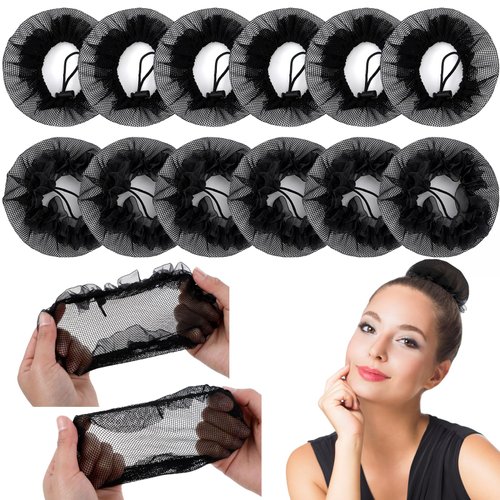 BBTO 12 Pcs Invisible Mesh Hair Nets for Ballet Buns, Sleeping and Wigs - Elastic Edge, Black