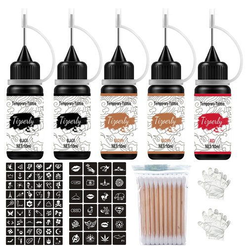 Temporary Tattoos Kits, Semi Permanent Tattoos, DIY Fake Freckles Temporary Tattoos for Women Men Kids Party,Summer Trend hand Ink with 78 Pcs Tattoo Stencils,Jagua Gel - Full Kit 5 Bottles