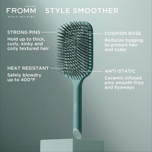 Fromm Professional Curl Studio Style Smoother Paddle Hair Brush for Smoothing Frizz & Flyaways, Detangling Wet and Dry Thick, Wavy, Curly or Coily Textured Hair, Reduces Tugging