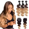 Shining Girl 12A Ombre Body Wave Bundles With Closure Brazilian Virgin Remy 100% Human Hair Ombre 3 Tone T1B/4/27 Color Human Hair Extensions 3 Bundles with 4x4 Lace Closure (14 16 18+12, 1B#/4#/27#)