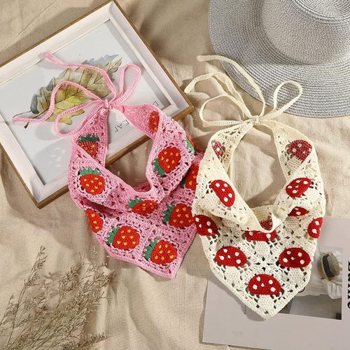 Molans 2Pcs Crochet Hair Scarf, Knitted Floral Bandanas Kerchief Headscarf, Daisy Print Headwrap, Vintage Hair Scarf for Women Girls(Pink Strawberry+Beige Mushroom)