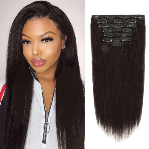 Loxxy Yaki Straight Real Remy Human Hair Clip ins Black Hair Extensions 10 inch Double Weft for African American Black Women,YK 7pcs/set 120g/set