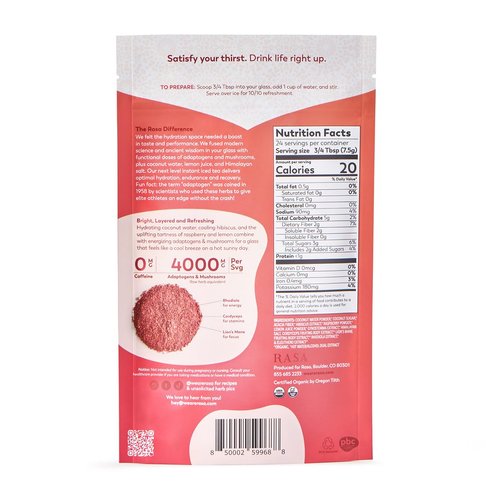Rasa Raspberry Hibiscus Hydration | Organic Boosted Iced Tea with Adaptogens and Mushrooms | Gluten-Free, Premium Electrolyte Powder Drink Mix, Refreshing Hydration (6 oz / 24 Servings)