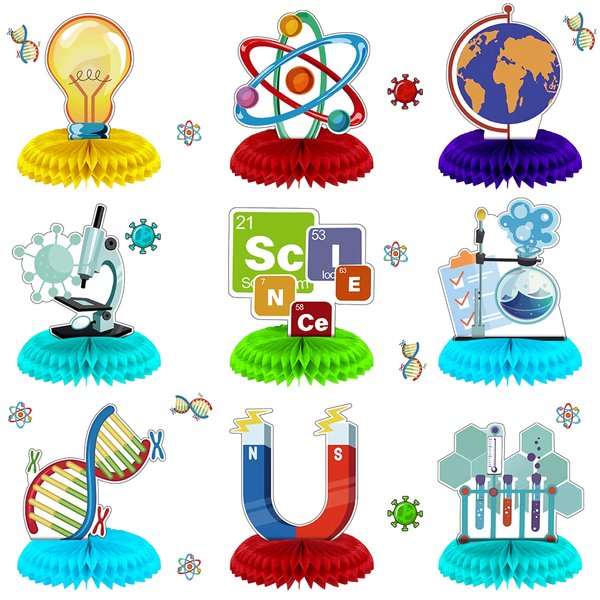 Fainne 9 Pieces Science Party Decorations Science Theme Honeycomb Centerpieces 3D Table Decorations Table Toppers for Science Party Chemistry Party Supplies Lab School Decorations, 9 Styles