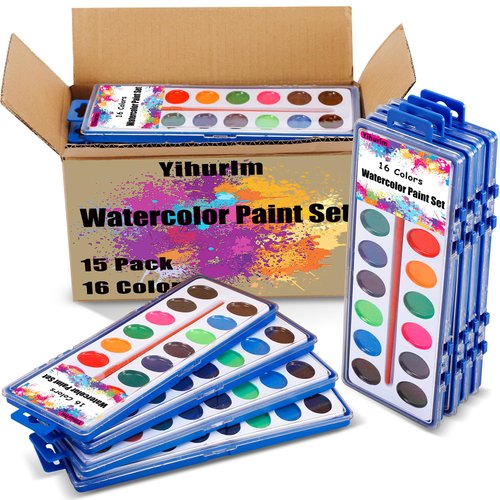 Yihurlm 15 Pack Watercolor Paint Set Bulk,16 Colors Water Color Paint Set with Paint Brushes, Water Colors for Party Favors, Washable Paint for Art Activities Gifts Birthday Party Painting, All Ages