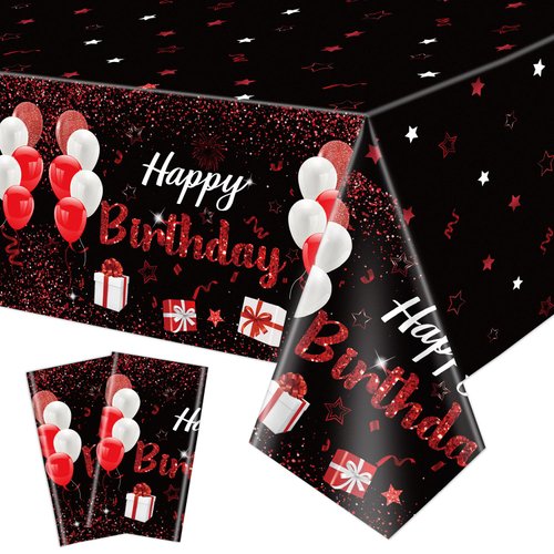 QUERICKY 2 Pack Black and Red Happy Birthday Tablecloths, 51x87'' Plastic Disposable Rectangle Birthday Party Table Covers for Women Girls Birthday Party Decorations Supplies