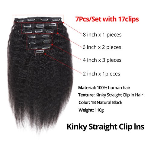 Kinky Straight Clip in Hair Extensions Real Human Hair Natural Black Double Weft Clip ins for Women 16 Inch 120g 8pcs Seamless Kinky Straight Clip on Extensions Human Hair (#1B, 12inch Kinky Straight)
