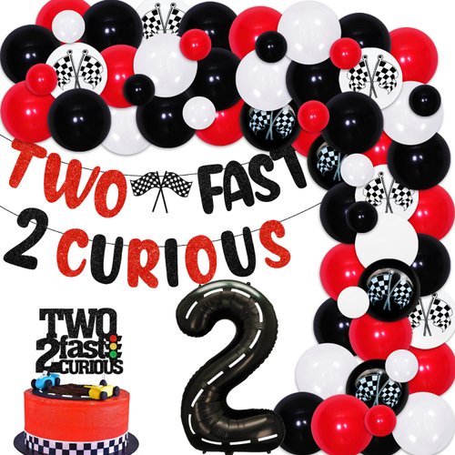 Racing Car 2nd Birthday Decorations for Boys, Red Black Race Flag Wheel Tire Balloon Garland Arch...