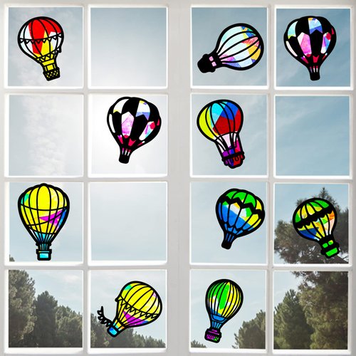 ORIGACH 24 Pieces Suncatcher Kit, 12 Types Hot Air Balloon Tissue Paper Stained Glass Kit with 32 Pieces Colored Tissue Paper for Kid Art Craft Window Art Classroom Art Craft