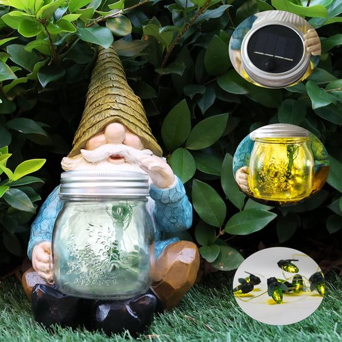 Vcdsoy Solar Firefly Jar Gnome Waterproof - Gifts for Mom Women Solar Outdoor LED Lights Resin Garden Gnome Statues Decor 10.4" Lantern Figurines Funny Decorations Outdoor Indoor Porch Decor