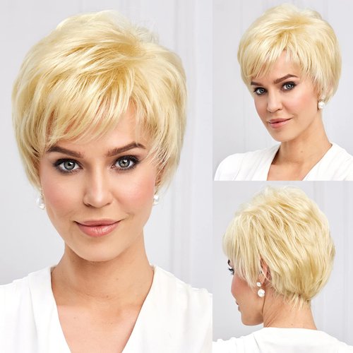 EMMOR Short Light Blonde Wigs for Women Memory Fiber Simulated Human Hair Pixie Curly Wig With Bang,Natural Daily Use Hair(Color 613#)