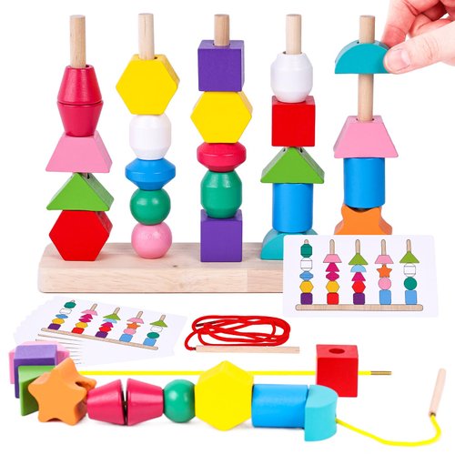 AMOR PRESENT Montessori Beads Sequencing Toy Set, Stacking Blocks and Lacing Beads Matching Shape Stacker STEM Preschool Learning Montessori Toys Gifts