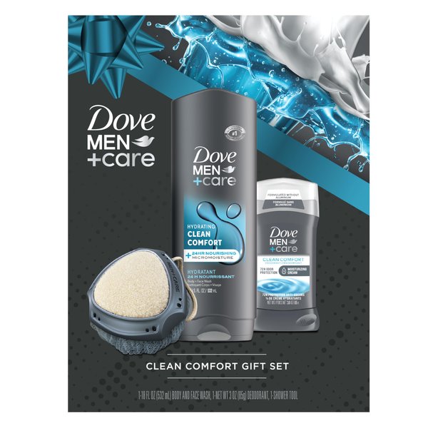 Dove Men+Care Gift Set – Clean Comfort Body + Face Wash, Clean Comfort Aluminum-Free Deodorant & Dual-Sided Shower Tool (3 Piece Set)