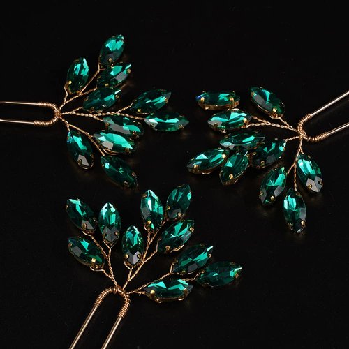 Chargances 3pcs Crystal Wedding Hair Pins Malachite Green Rhinestone Bridal Hair Pins Handmade Bridal Hair Accessories for Women Girls Bridesmaids (Malachite green)
