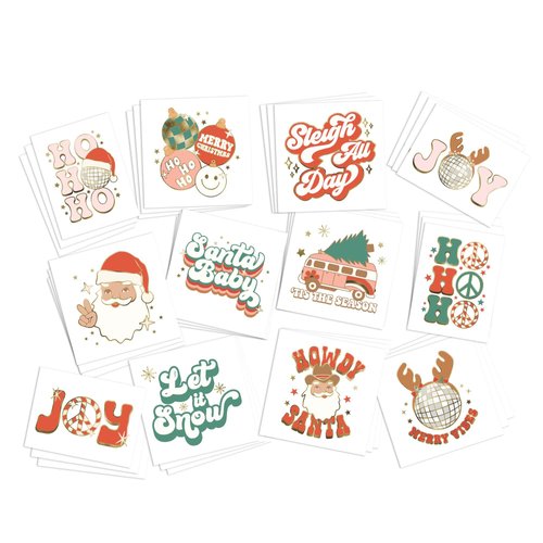 Retro Christmas Temporary Tattoos/Pack of 36/ Full Color with Gold Metallic Highlights/Christmas Party Favor/Stocking Stuffer/Removable