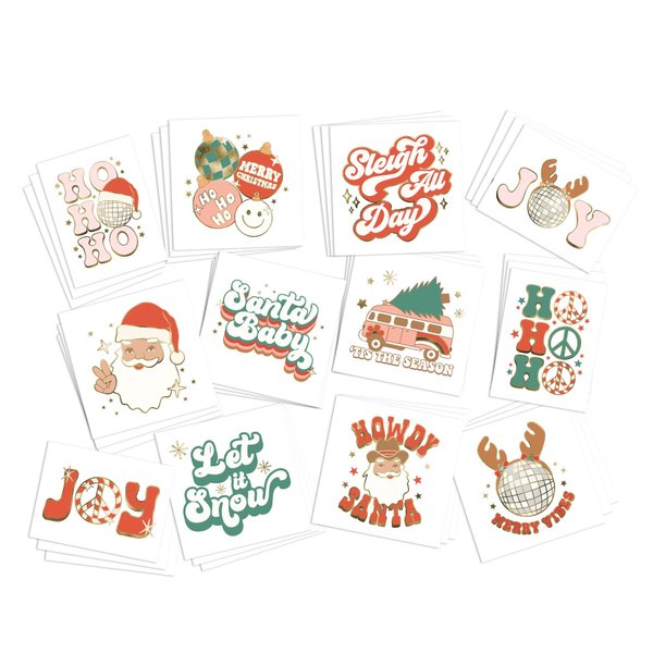 Retro Christmas Temporary Tattoos/Pack of 36/ Full Color with Gold Metallic Highlights/Christmas Party Favor/Stocking Stuffer/Removable