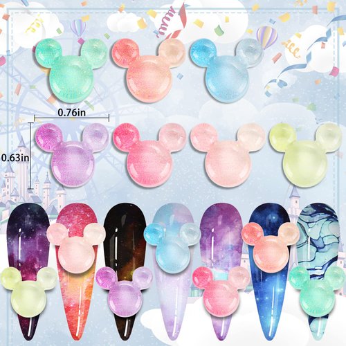 56 Pcs Mouse Head Nail Art Decor, MIKIMIQI 7 Colors Mouse Head Nail Charms Resin Mouse Shape Decorations Manicure Cute Mouse Ear Nail Rhinestones with Storage Box for Nail Art Craft