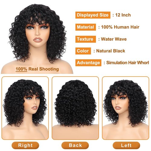 ALISFEEL Water Wave Bob Wigs with Bangs Human Hair for Black Women Glueless Brazilian Short Curly Bob Wig Unprocessed Non Lace Front Wigs with Bangs 150% Density Natural Black (10 Inch)