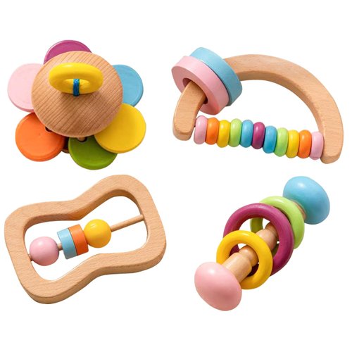 4 PCS Wooden Baby Rattle, Organic Colorful Baby Rattles Set, Wood Rattles for Babies 0-6-12 Months, Wooden Teether Crochet Rattle Toy for Infant Newborn,Montessori Toys for Babies 0-6 Months