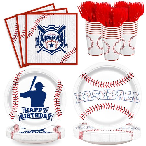 120pcs Baseball Party Supplies Birthday Plates Napkins Cups Red Forks Sports Birthday Party Decorations Paper Dessert Tableware Set for 24 Guests
