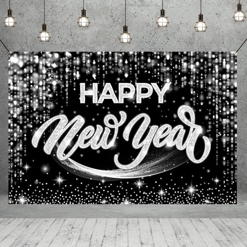 Happy New Year Backdrop-New Years Eve Party Supplies 2025 Black Silvery Happy New Year Backdrop B...