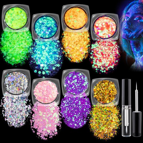 Chunky Glitter 4 Colors and Glow in The Dark Glitter 4 Colors with Glue Set 1, Holographic Body Glitter + Glow Glitter for Women Face Body Nail Hair Makeup at The Concert/Festival/Rave Party