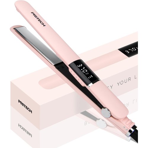 PRITECH Flat Iron Hair Straightener, Titanium Flat Iron with Adjustable Temp(290°F-450°F), 1 inch Plate for All Hairstyles Anti-Scald Dual Voltage Straightening and Curler 2 in 1 (Pink)