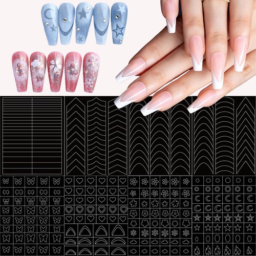 French Manicure Strip Stickers Self-Adhesive French Tip Nail Guides, Moon Star Flower Shaped V-Shaped Nail Art Decoration Stencil Tools for Women Acrylic Nail Edge Auxiliary 8 Sheets