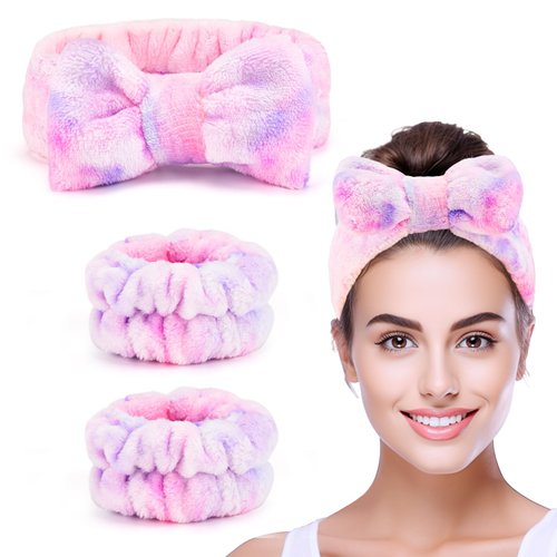 XMOSNZ 3pcs Hairband Set, High Elasticity Microfiber Spa Headband for Washing Face, Skincare Headbands with Bow, Wristband for Women, Ideal for Shower, Facial, Yoga, Makeup