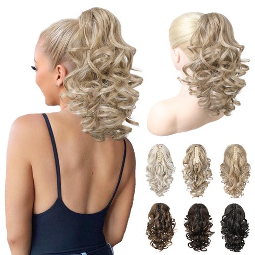 REECHO 12" Ponytail Extension, Classic Loose Curly Wavy Claw Clip Pony tails Hair Extensions Hairpieces for Women - Ash Blonde with Highlights