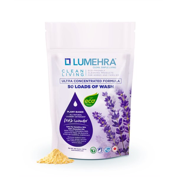 Lumehra's Natural Laundry Detergent Powder Biodegradable Safe for sensitive skin, Kids, Baby non toxic laundry detergent Scent Lavender Essential Oils 250 Grams 50 Loads Ultra Concentrated