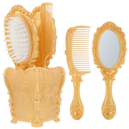 EXCEART 1 Set 5 Pcs Mirror Comb Set Vintage Hand Mirror Antique Hair Brush with Storage Holder for Wet/Dry Hair Styling Tool Makeup Accessories (Golden)