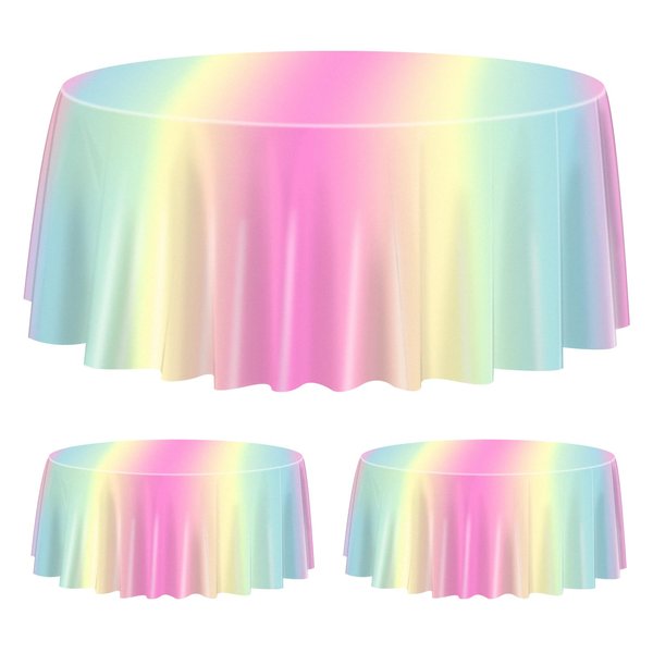 QUERICKY 3 Pack Pastel Rainbow Tablecloths for Round Table, 84x84'' Pastel Rainbow Plastic Round Table Cover for Girls Rainbow Birthday Party Decorations Princess Party Baby Shower Party Supplies