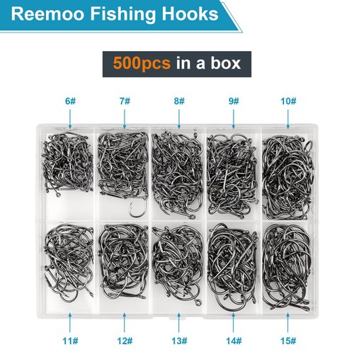 500PCS Premium Fishing Hooks, 10 Sizes Reemoo Carbon Steel Fishing Hooks W/Portable Plastic Box, Strong Sharp Fish Hook with Barbs for Freshwater/Seawater