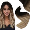 Easyouth Tape in Hair Extensions Human Hair Balayage Tape in Extensions Human Hair Black Fading to Ash Brown Highlights Blonde Ombre Tape Hair Extensions Real Human Hair 40g 20Pcs 14Inch