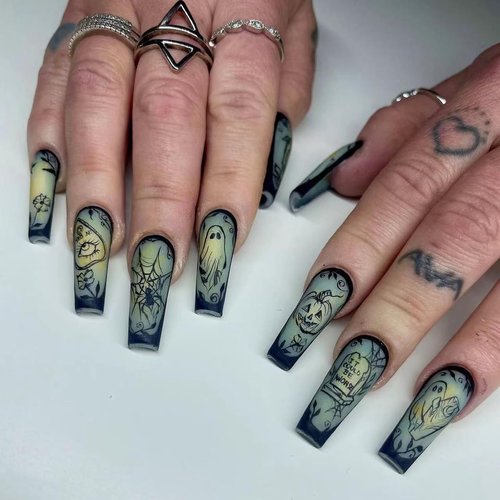 24 Pcs Halloween Spuare Press on Nails Long Coffin - SHANRUN Matte Green French Fake Nails Press ...